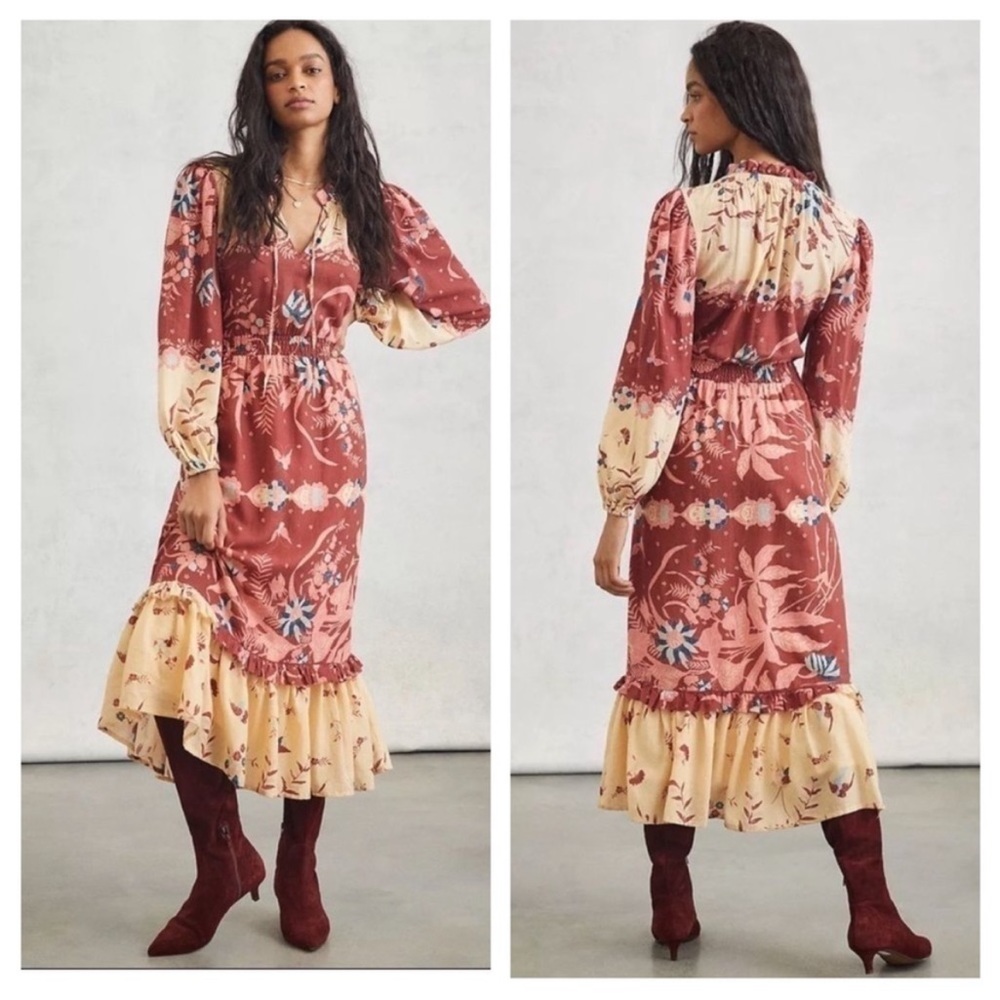 Anthropologie Red and Cream Floral Maxi Dress
